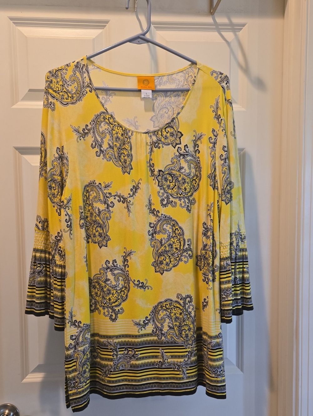 Ruby Rd. Yellow And Black Paisley Scoop-Neck Tunic with Striped Borders